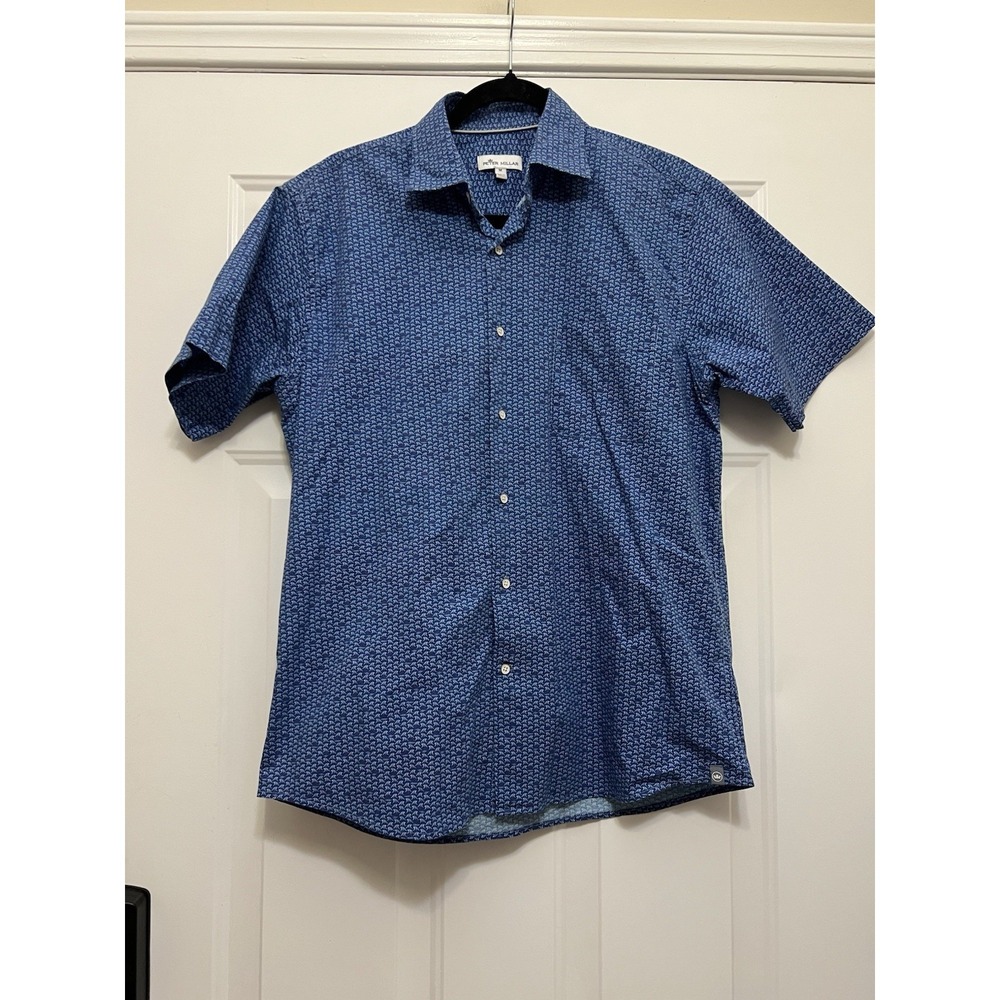 Peter Millar Button Down Shirt Mens Medium Blue Waves Golf Stretch Short Sleeve
